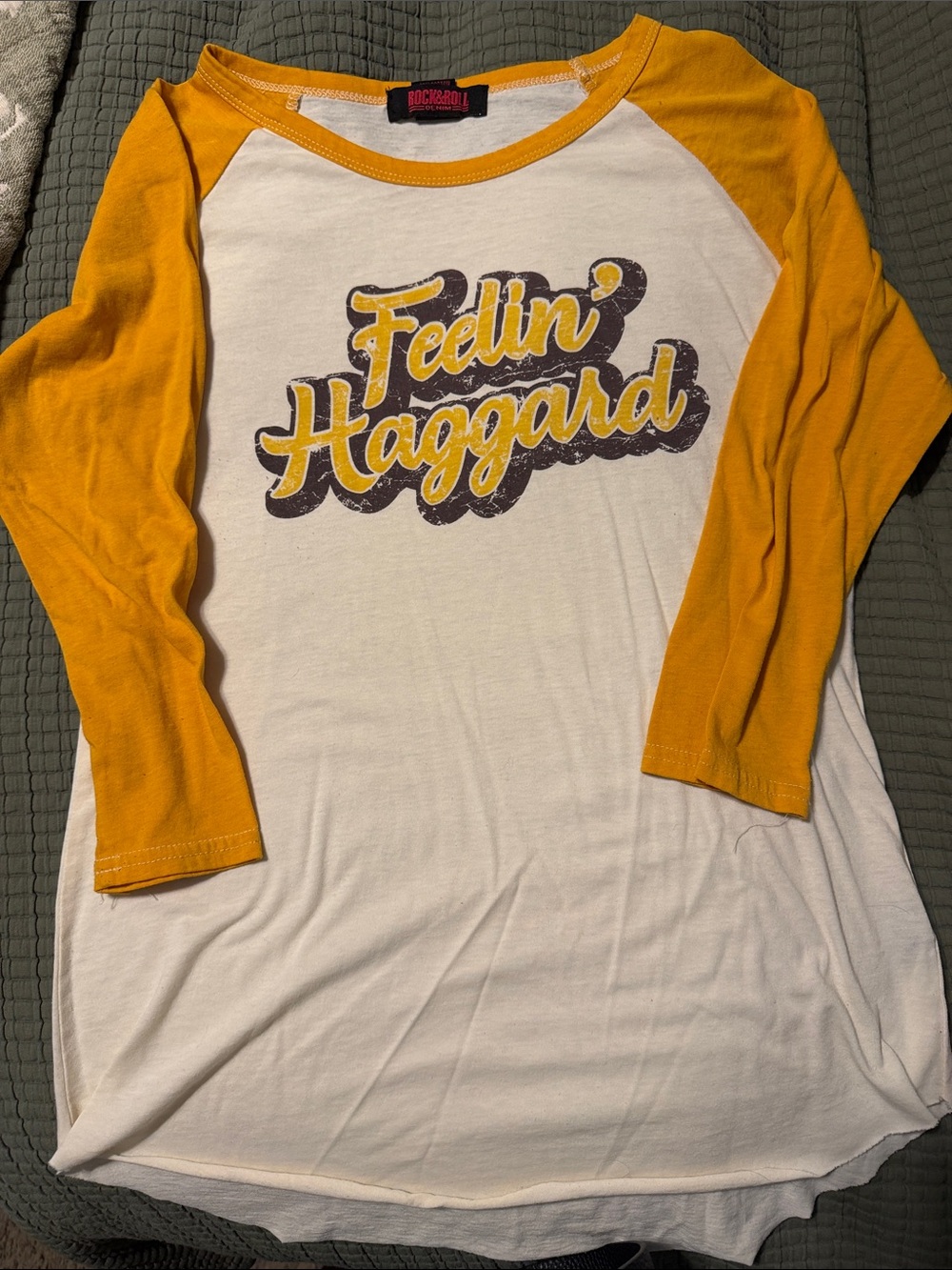Rock & Roll Vintage-Style 'Feelin' Haggard' Raglan Top in Mustard/White